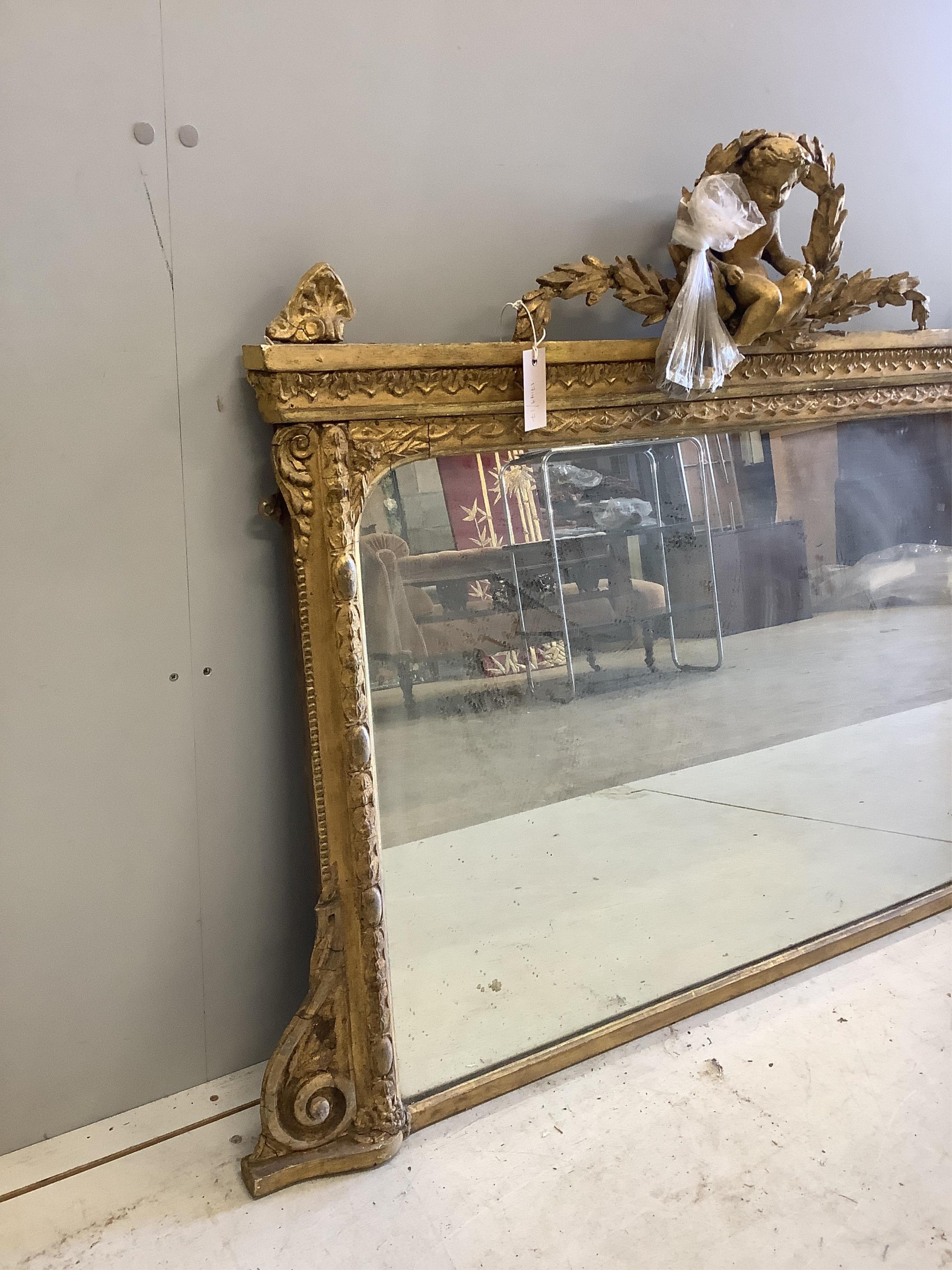 A Victorian giltwood and composition overmantel mirror, width 118cm, height 94cm. Condition - poor, requiring restoration